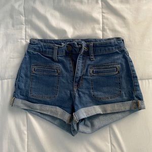 High waisted dark blue denim shorts